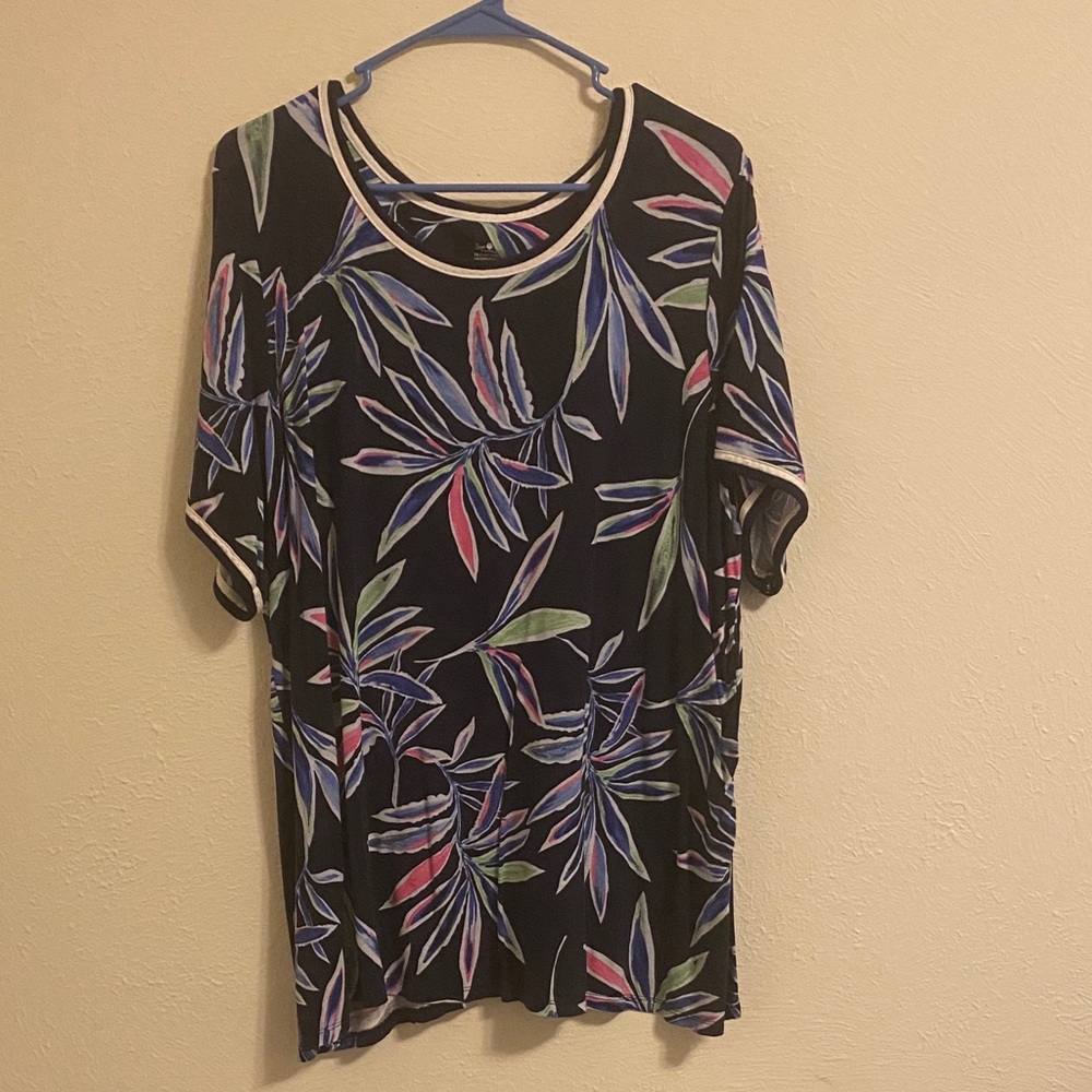Sleeper Black Short Sleeve Top with Multicolor Leaf Print